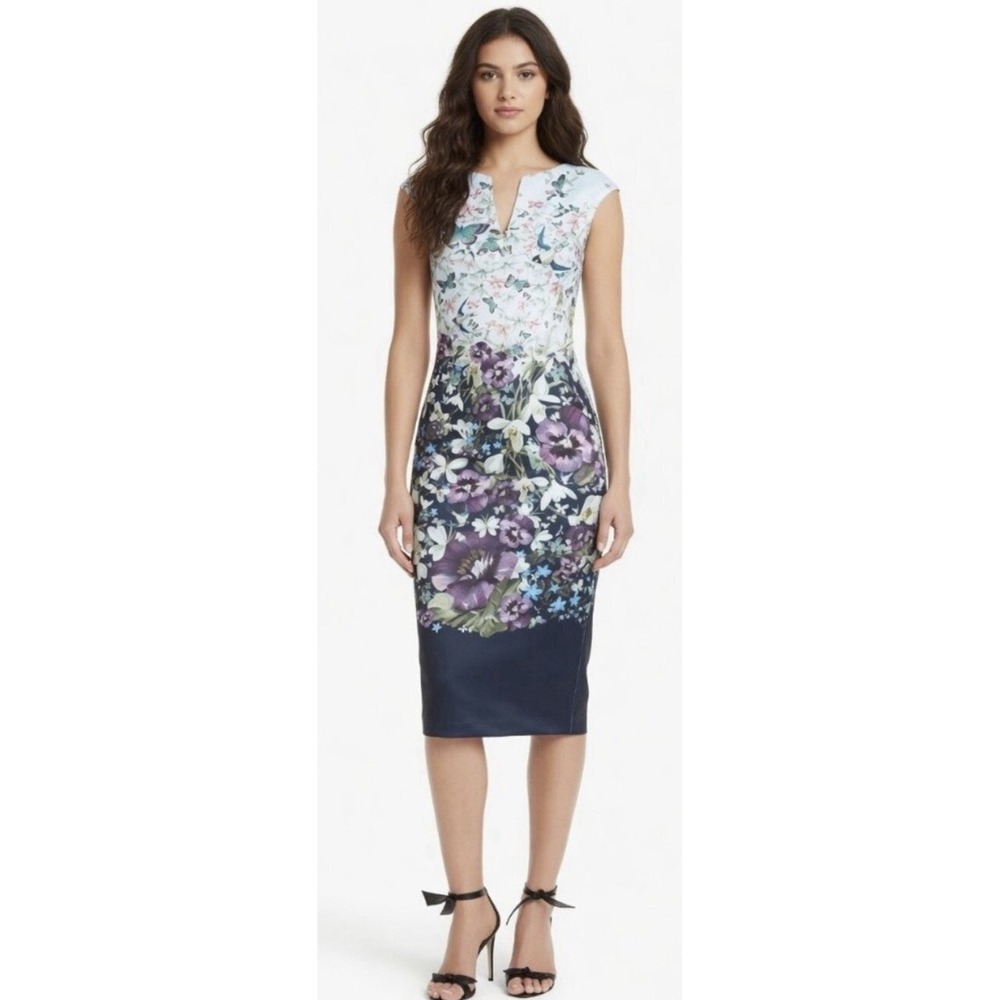 TED BAKER TIHA Floral Butterfly Print Sheath Midi Dress SZ 8 Cap Sleeve Wedding